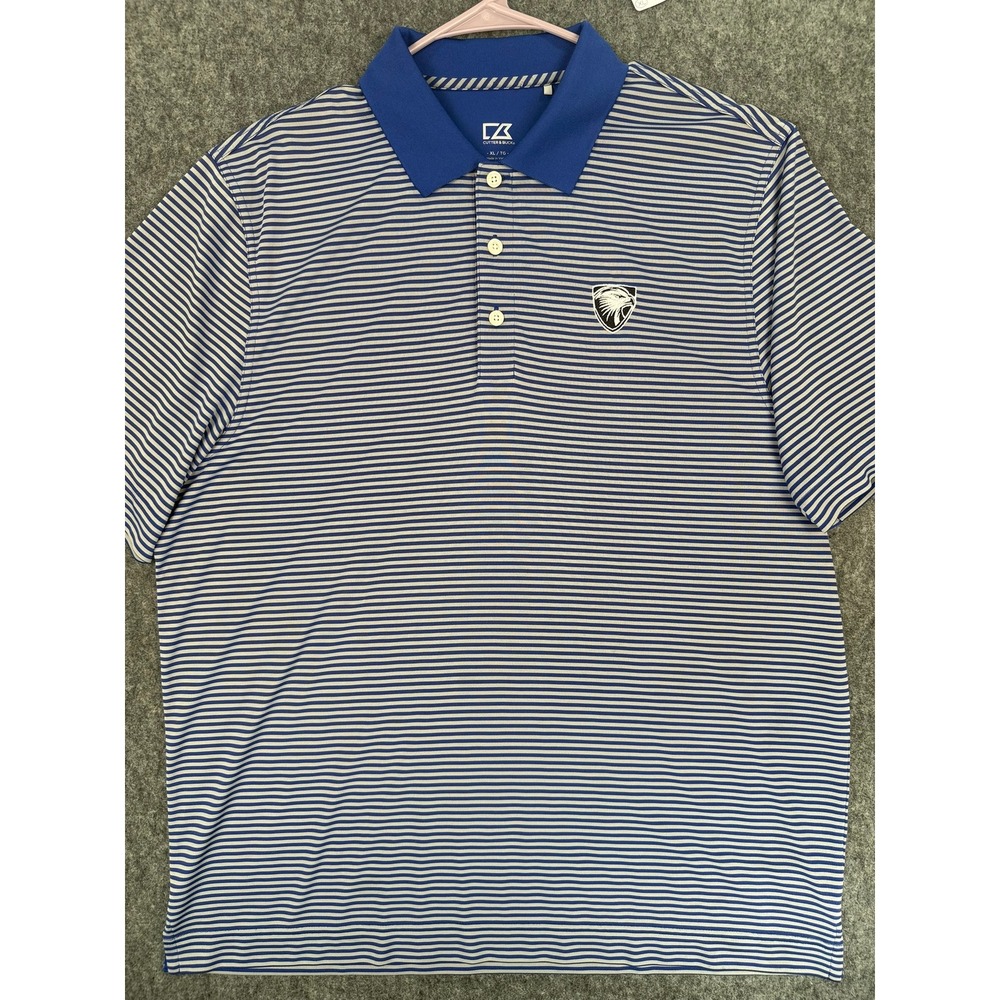 Cutter & Buck Mens XL Blue White Striped CB DryTec Golf Polo Shirt Eagle Logo